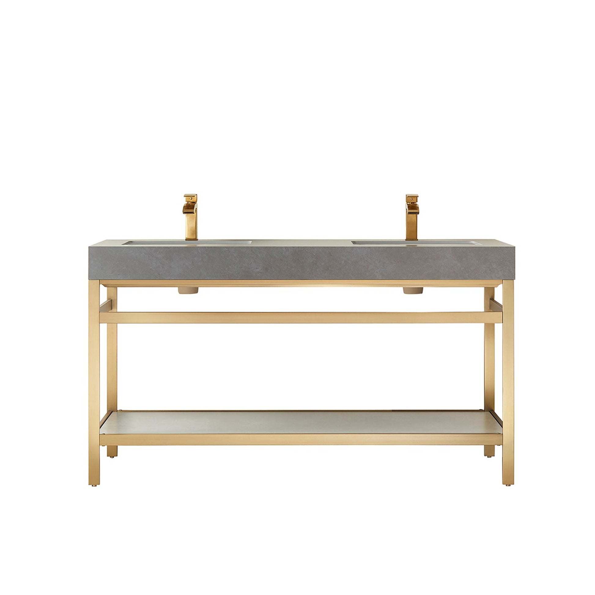 Vinnova Funes 60" Double Sink Bath Vanity In Brushed Gold Metal Support With Grey Sintered Stone Top