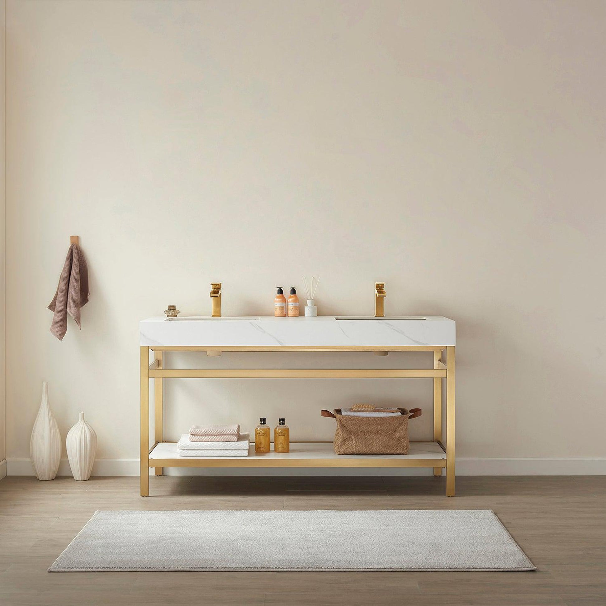 Vinnova Funes 60" Double Sink Bath Vanity In Brushed Gold Metal Support With White Sintered Stone Top