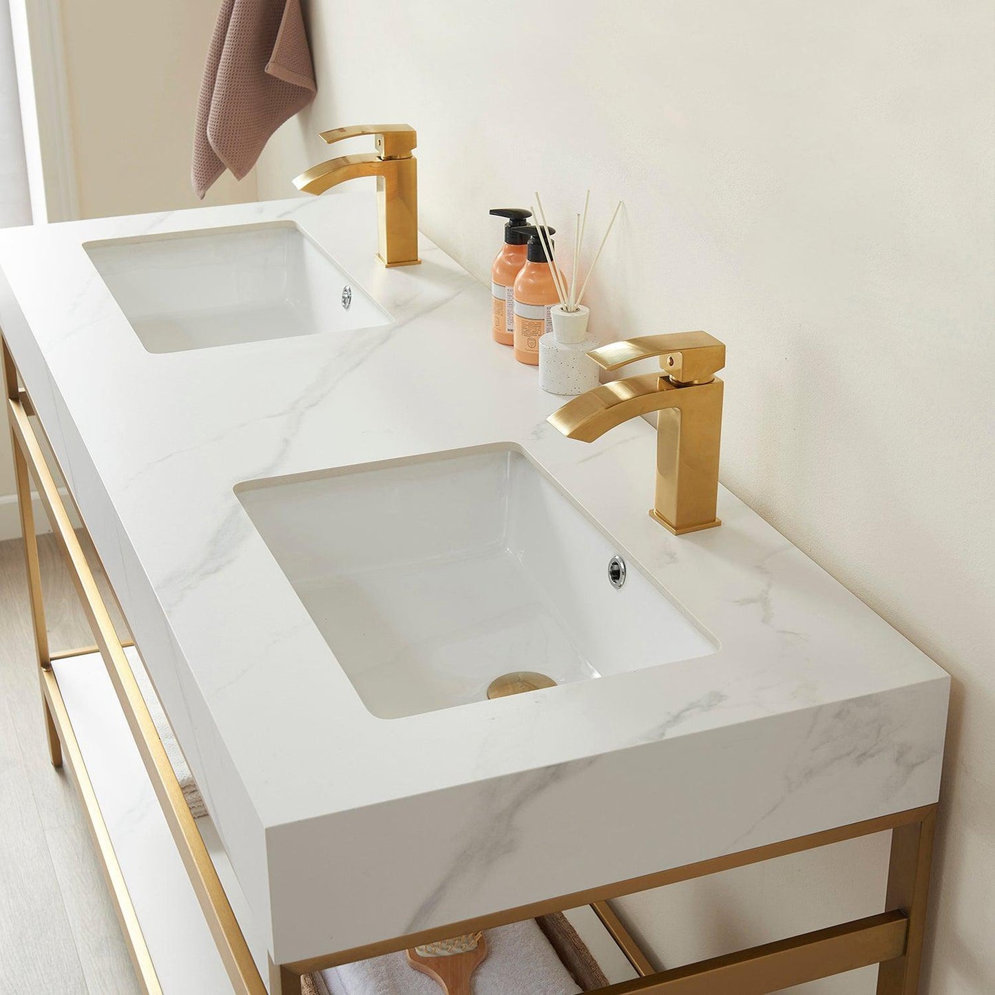 Vinnova Funes 60" Double Sink Bath Vanity In Brushed Gold Metal Support With White Sintered Stone Top