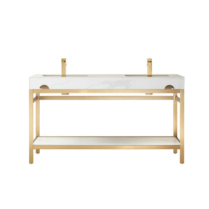 Vinnova Funes 60" Double Sink Bath Vanity In Brushed Gold Metal Support With White Sintered Stone Top And Mirror