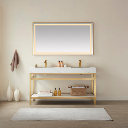 Vinnova Funes 60" Double Sink Bath Vanity In Brushed Gold Metal Support With White Sintered Stone Top And Mirror