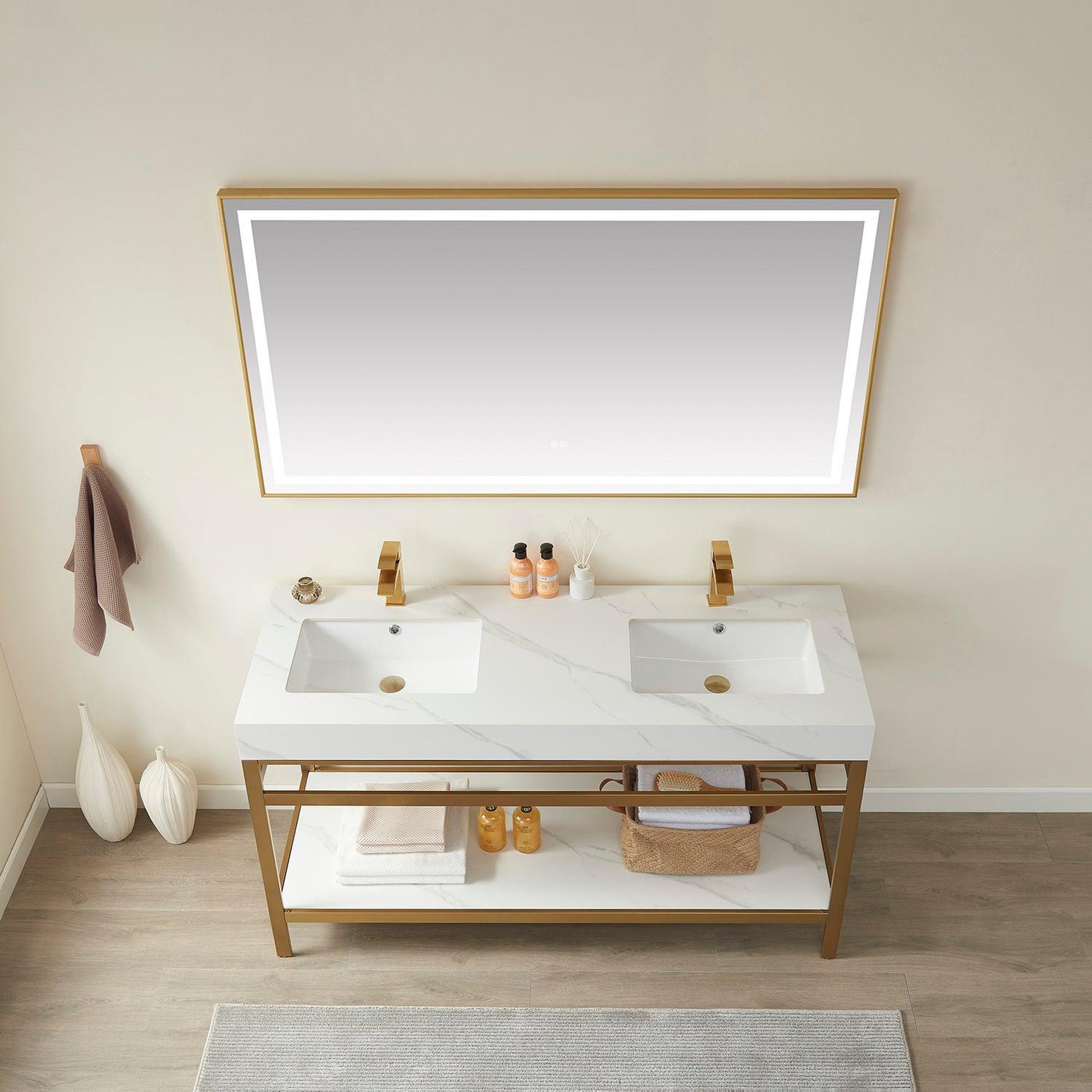 Vinnova Funes 60" Double Sink Bath Vanity In Brushed Gold Metal Support With White Sintered Stone Top And Mirror