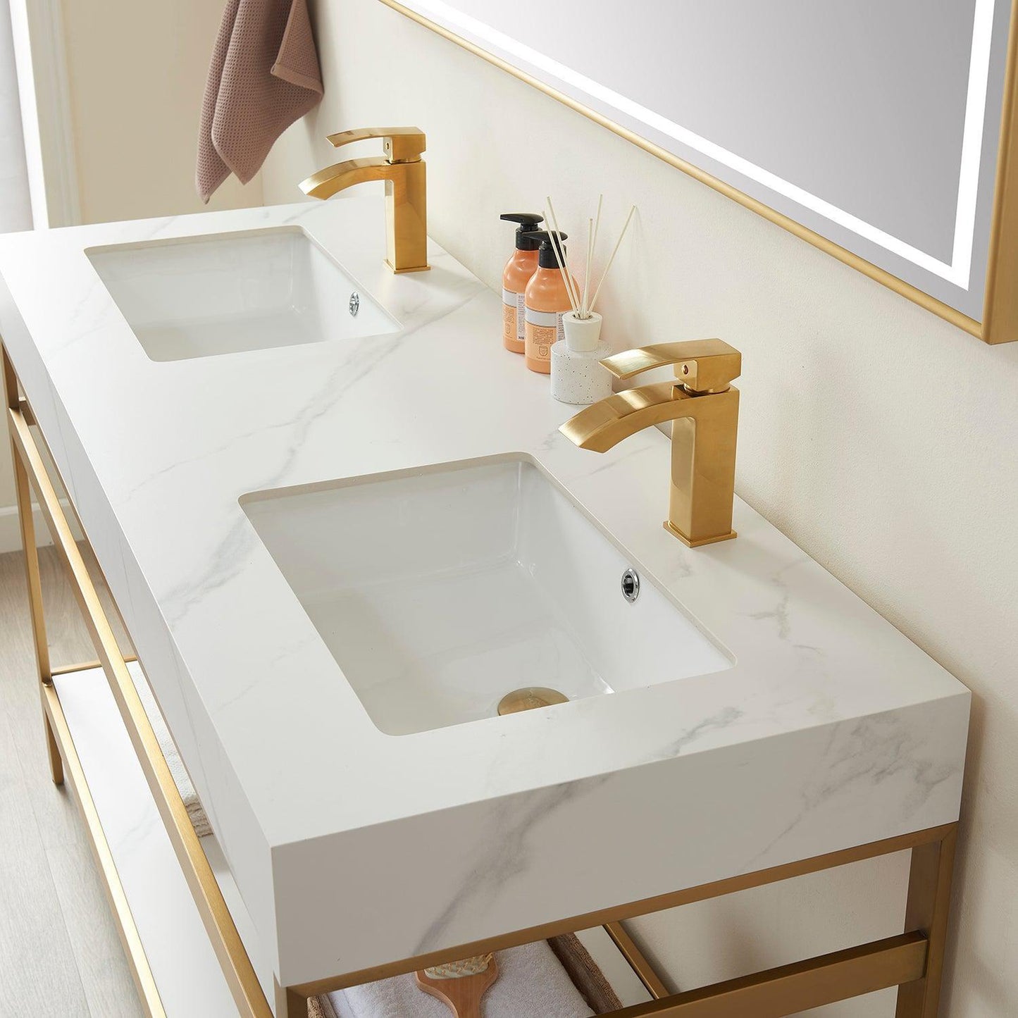 Vinnova Funes 60" Double Sink Bath Vanity In Brushed Gold Metal Support With White Sintered Stone Top And Mirror