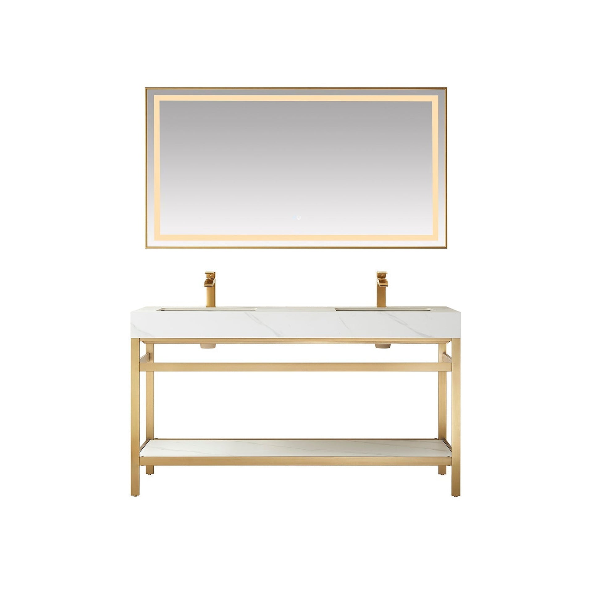 Vinnova Funes 60" Double Sink Bath Vanity In Brushed Gold Metal Support With White Sintered Stone Top And Mirror