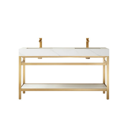 Vinnova Funes 60" Double Sink Bath Vanity In Brushed Gold Metal Support With White Sintered Stone Top