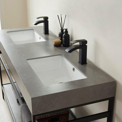 Vinnova Funes 60" Double Sink Bath Vanity In Matt Black Metal Support With Grey Sintered Stone Top