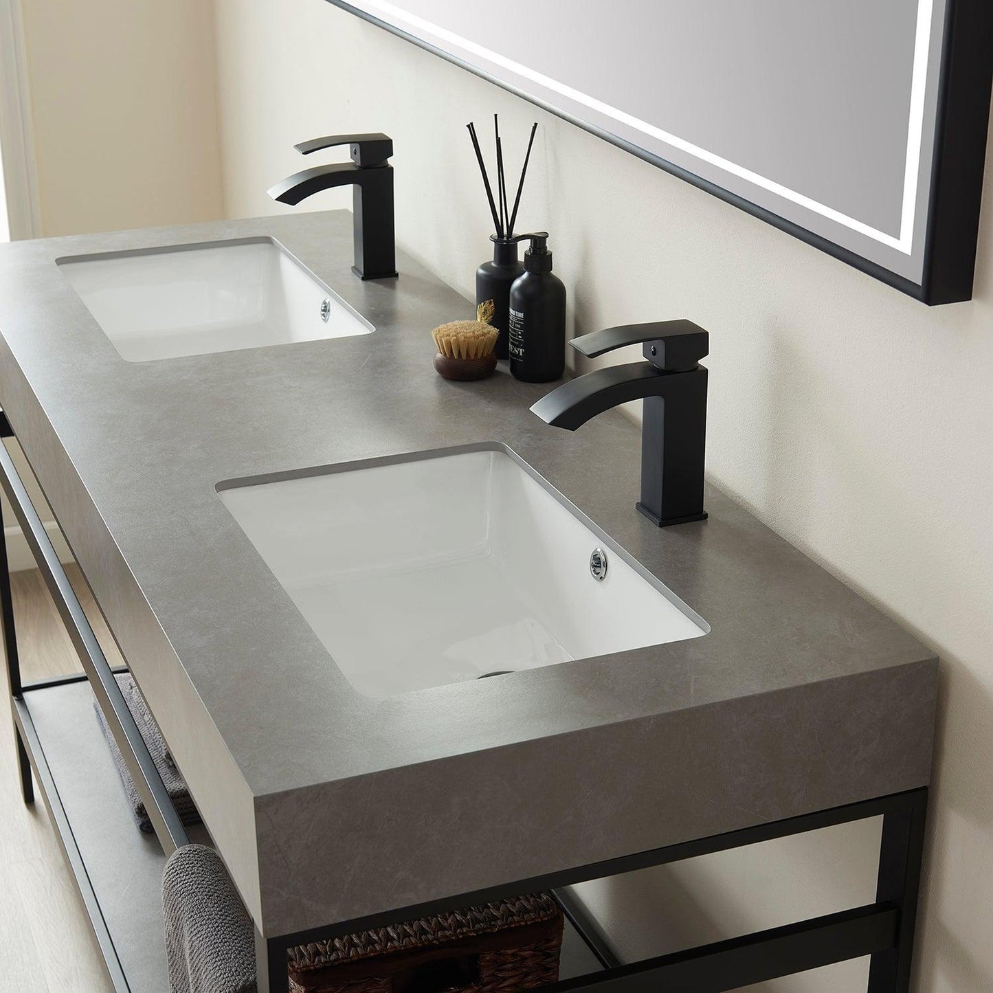 Vinnova Funes 60" Double Sink Bath Vanity In Matt Black Metal Support With Grey Sintered Stone Top And Mirror