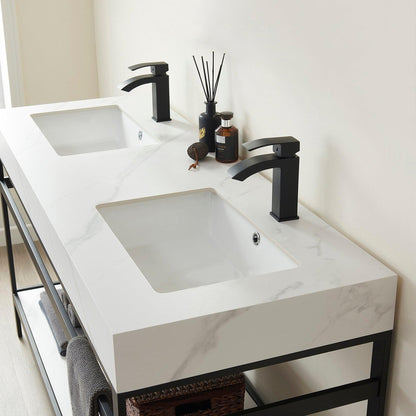 Vinnova Funes 60" Double Sink Bath Vanity In Matt Black Metal Support With White Sintered Stone Top