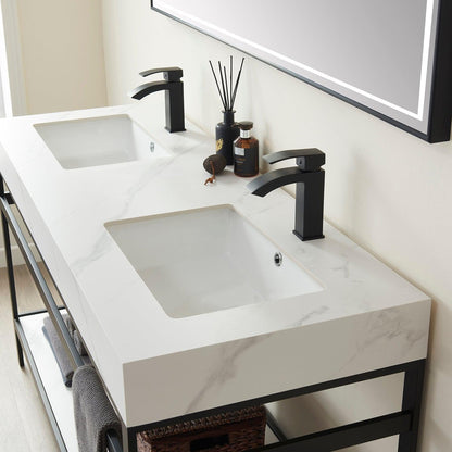 Vinnova Funes 60" Double Sink Bath Vanity In Matt Black Metal Support With White Sintered Stone Top And Mirror