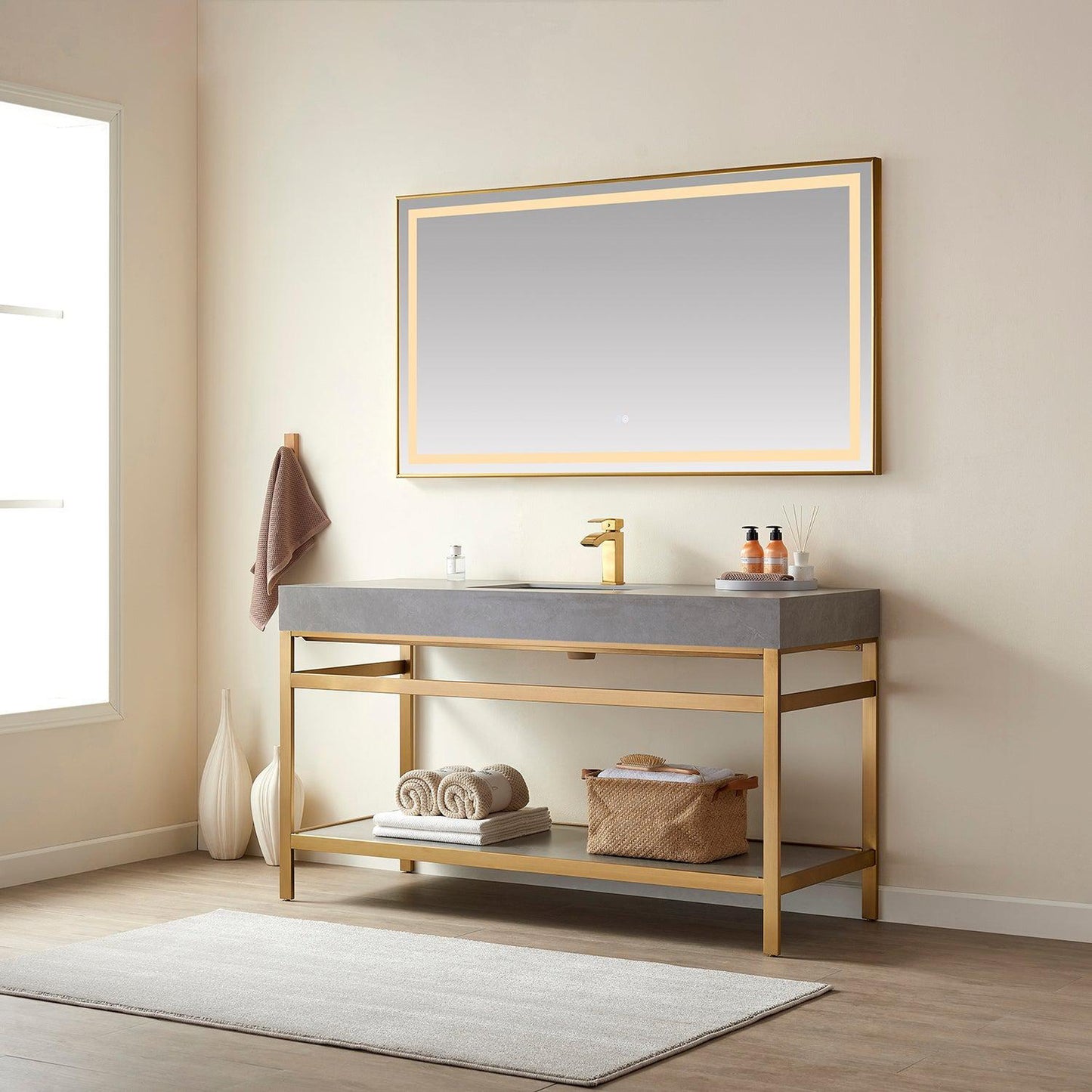 Vinnova Funes 60" Single Sink Bath Vanity In Brushed Gold Metal Support With Grey Sintered Stone Top And Mirror