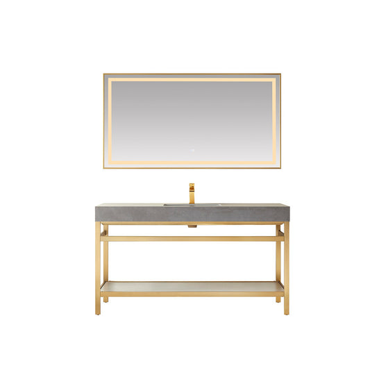 Vinnova Funes 60" Single Sink Bath Vanity In Brushed Gold Metal Support With Grey Sintered Stone Top And Mirror