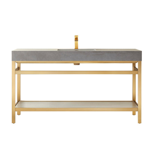 Vinnova Funes 60" Single Sink Bath Vanity In Brushed Gold Metal Support With Grey Sintered Stone Top
