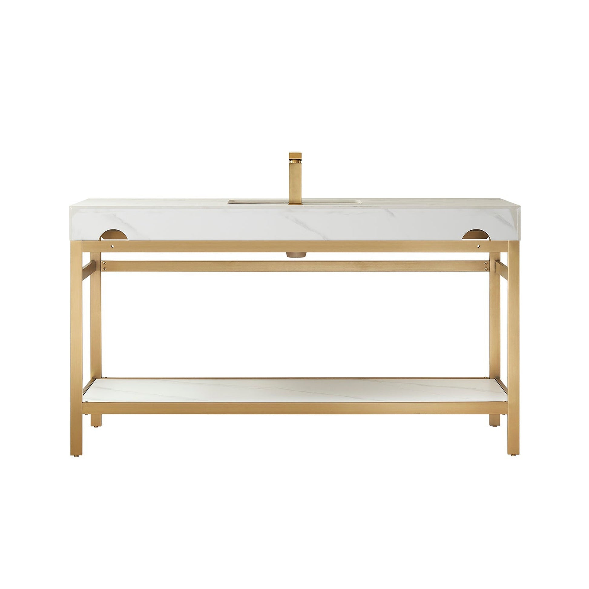 Vinnova Funes 60" Single Sink Bath Vanity In Brushed Gold Metal Support With White Sintered Stone Top