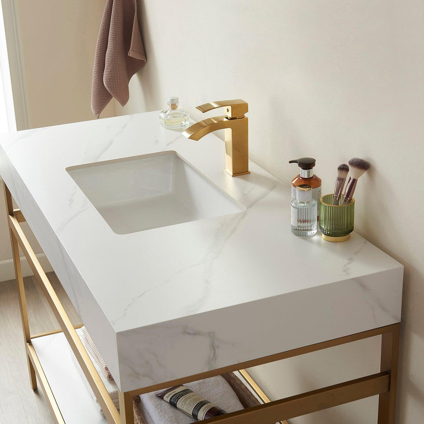 Vinnova Funes 60" Single Sink Bath Vanity In Brushed Gold Metal Support With White Sintered Stone Top