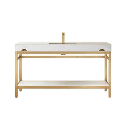 Vinnova Funes 60" Single Sink Bath Vanity In Brushed Gold Metal Support With White Sintered Stone Top And Mirror