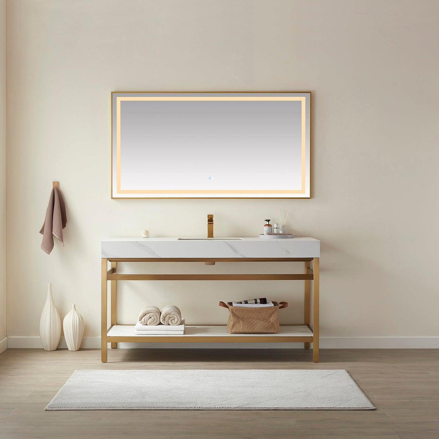 Vinnova Funes 60" Single Sink Bath Vanity In Brushed Gold Metal Support With White Sintered Stone Top And Mirror