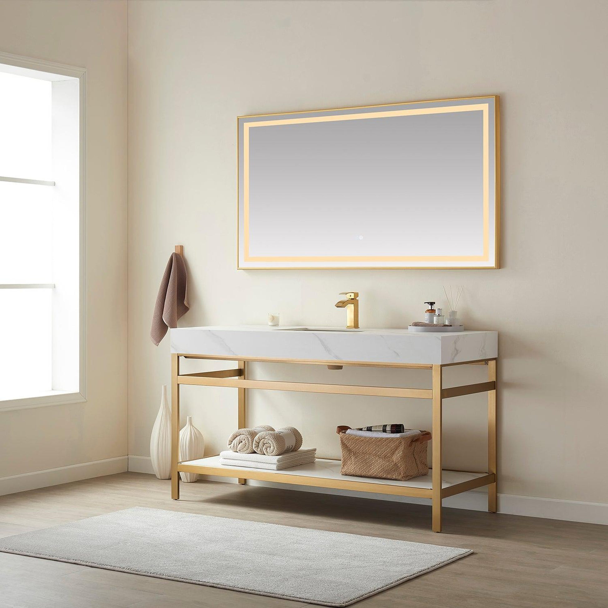 Vinnova Funes 60" Single Sink Bath Vanity In Brushed Gold Metal Support With White Sintered Stone Top And Mirror