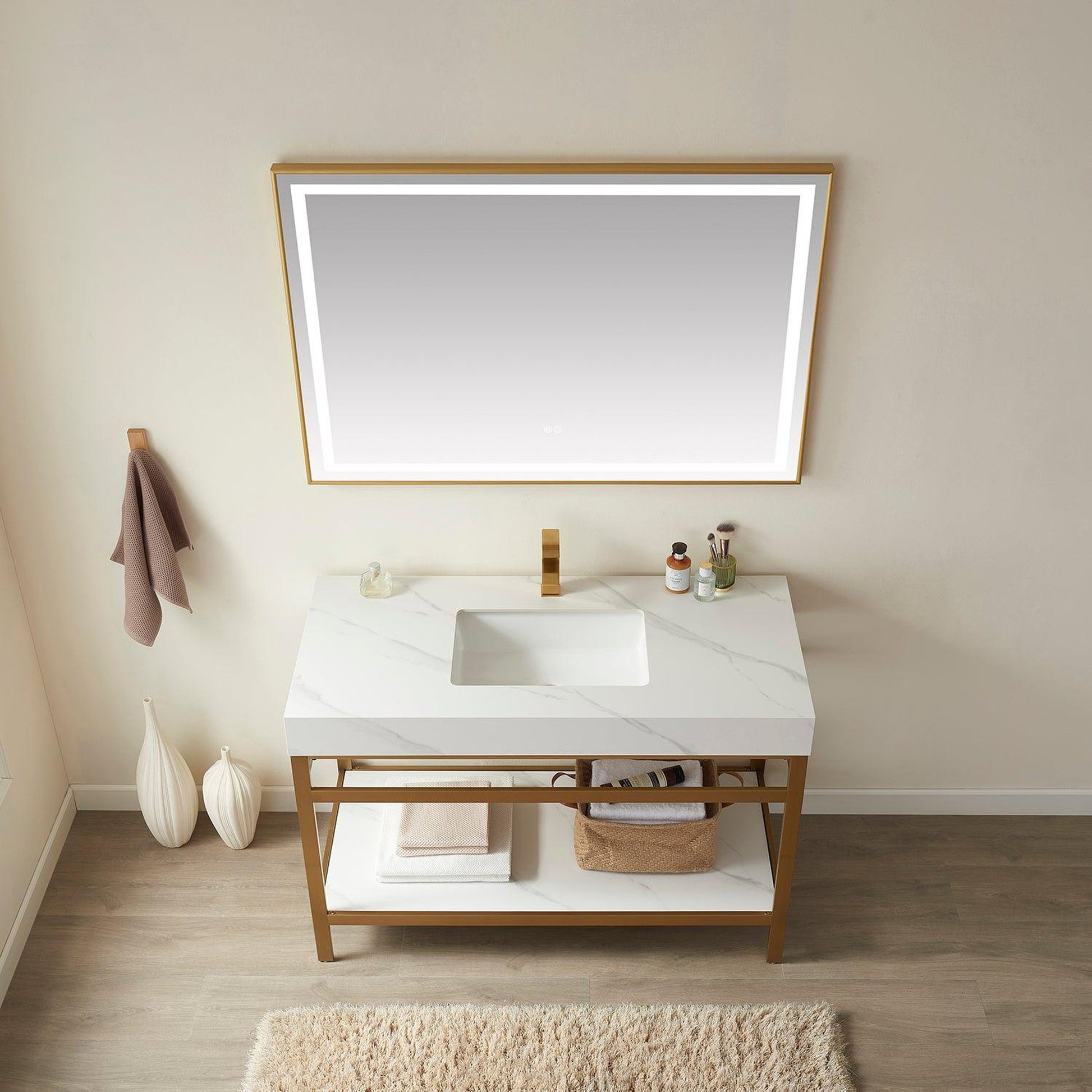 Vinnova Funes 60" Single Sink Bath Vanity In Brushed Gold Metal Support With White Sintered Stone Top And Mirror