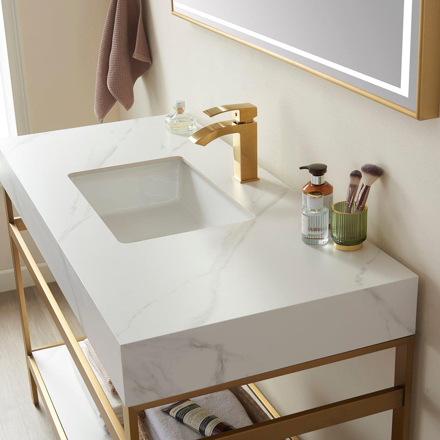 Vinnova Funes 60" Single Sink Bath Vanity In Brushed Gold Metal Support With White Sintered Stone Top And Mirror