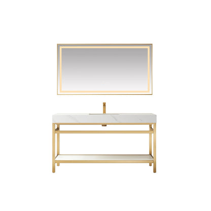 Vinnova Funes 60" Single Sink Bath Vanity In Brushed Gold Metal Support With White Sintered Stone Top And Mirror