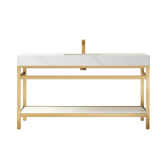 Vinnova Funes 60" Single Sink Bath Vanity In Brushed Gold Metal Support With White Sintered Stone Top