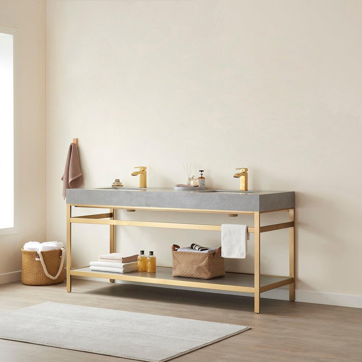 Vinnova Funes 72" Double Sink Bath Vanity In Brushed Gold Metal Support With Grey Sintered Stone Top