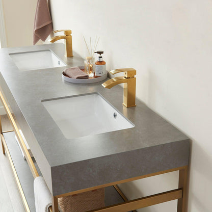 Vinnova Funes 72" Double Sink Bath Vanity In Brushed Gold Metal Support With Grey Sintered Stone Top