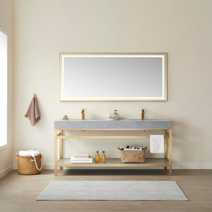 Vinnova Funes 72" Double Sink Bath Vanity In Brushed Gold Metal Support With Grey Sintered Stone Top And Mirror