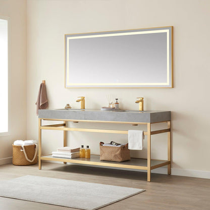 Vinnova Funes 72" Double Sink Bath Vanity In Brushed Gold Metal Support With Grey Sintered Stone Top And Mirror
