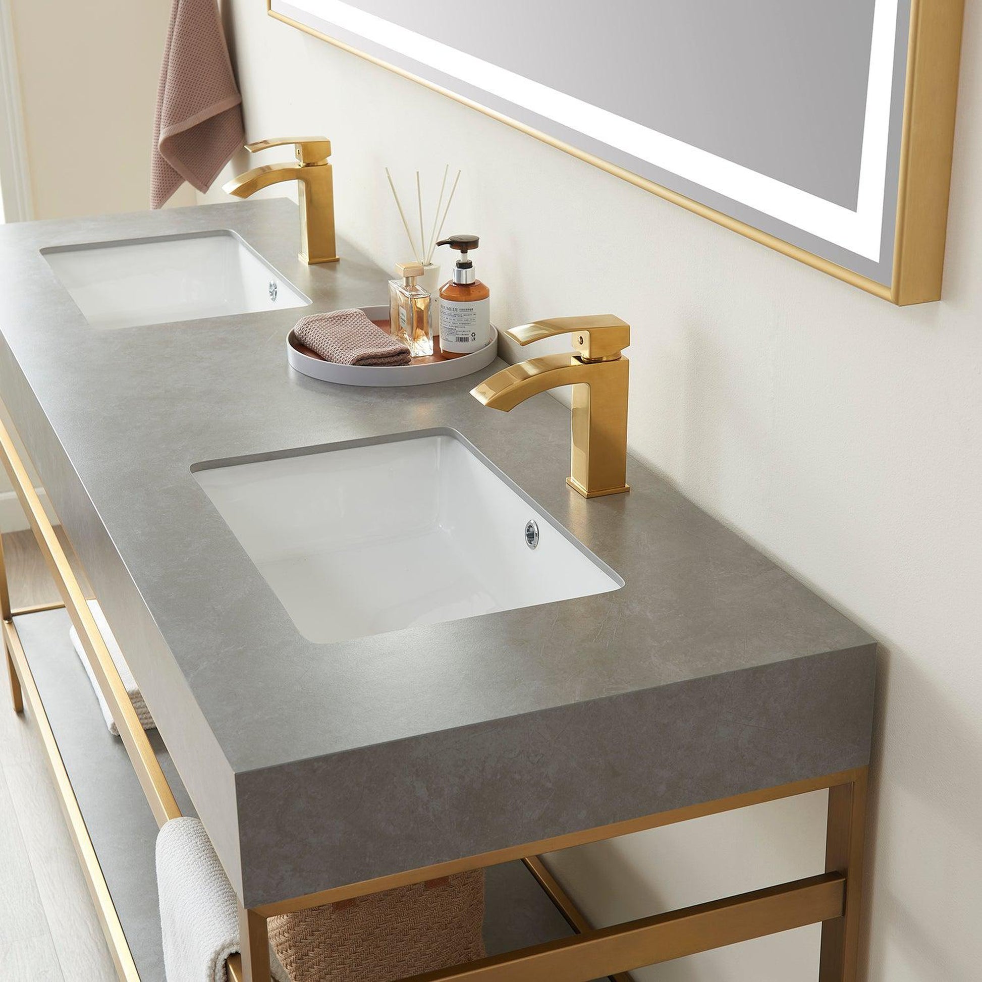 Vinnova Funes 72" Double Sink Bath Vanity In Brushed Gold Metal Support With Grey Sintered Stone Top And Mirror