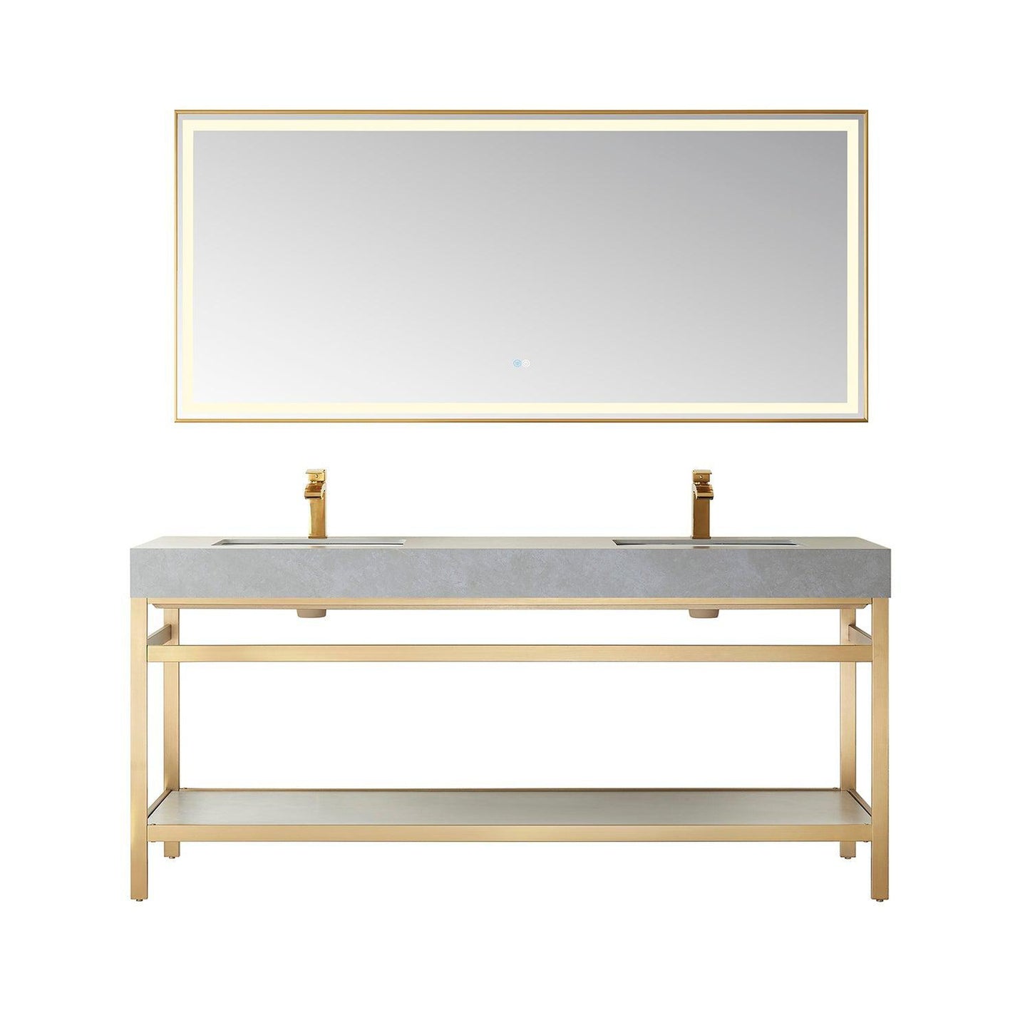 Vinnova Funes 72" Double Sink Bath Vanity In Brushed Gold Metal Support With Grey Sintered Stone Top And Mirror