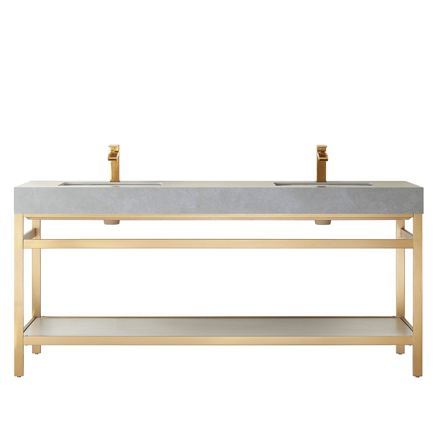 Vinnova Funes 72" Double Sink Bath Vanity In Brushed Gold Metal Support With Grey Sintered Stone Top