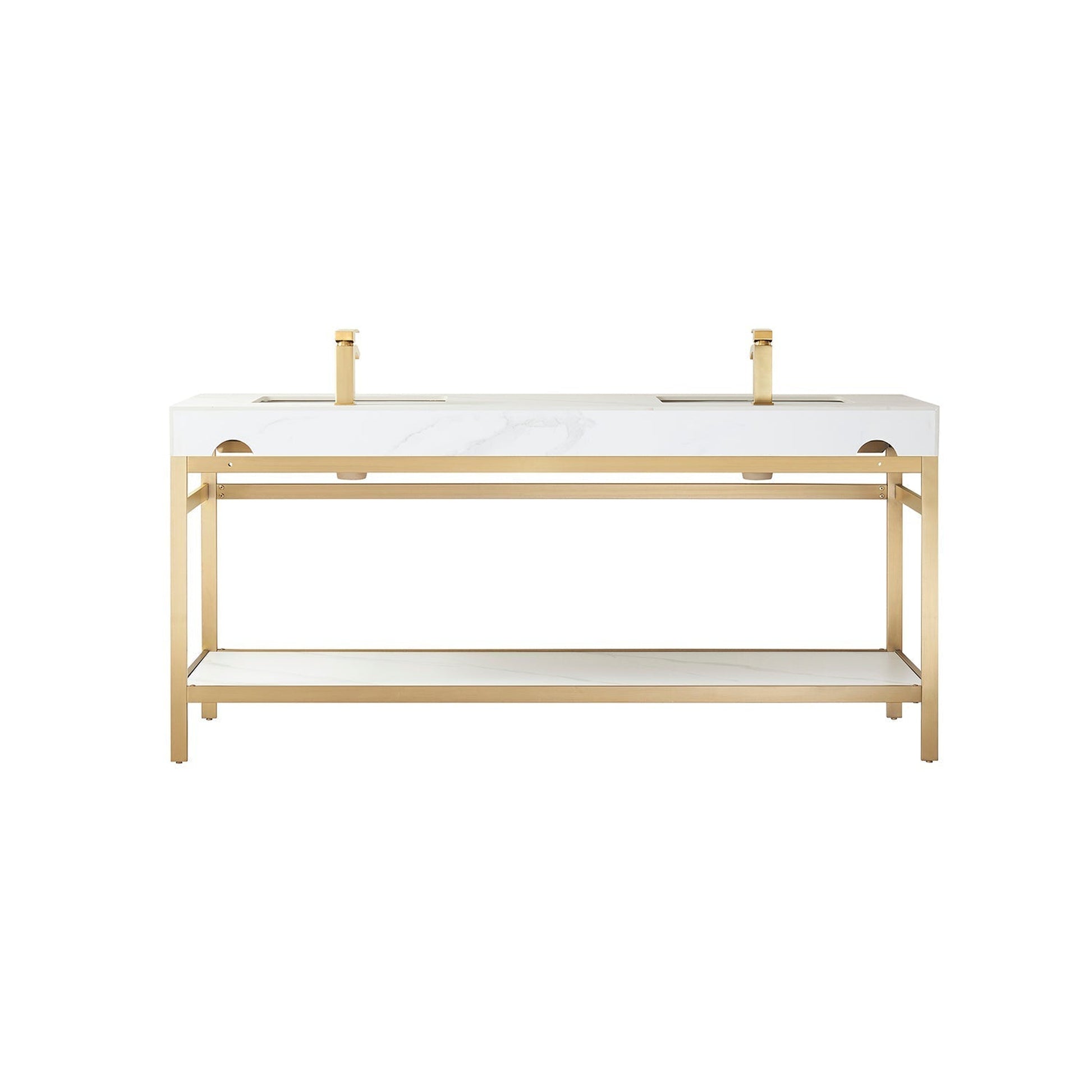 Vinnova Funes 72" Double Sink Bath Vanity In Brushed Gold Metal Support With White Sintered Stone Top