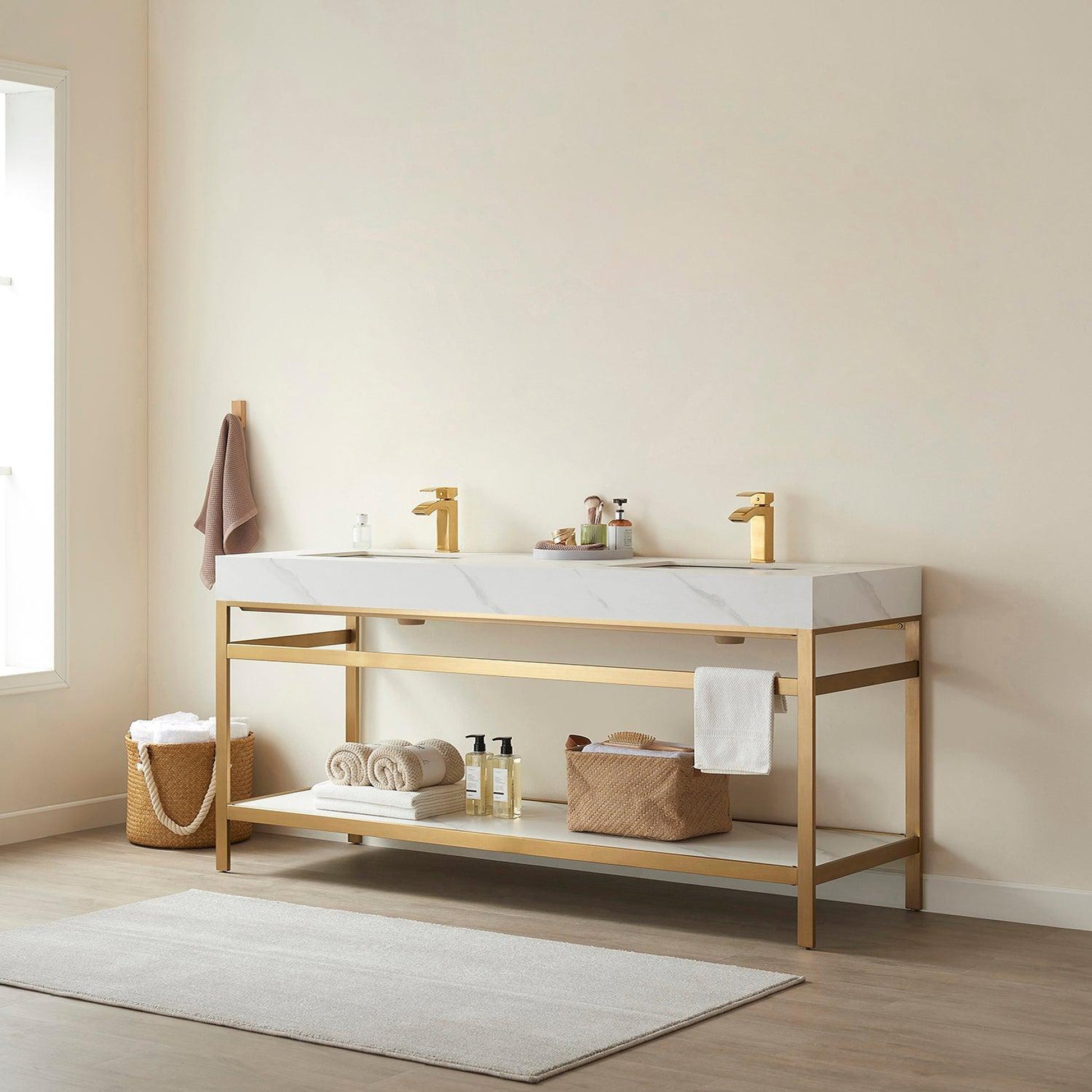 Vinnova Funes 72" Double Sink Bath Vanity In Brushed Gold Metal Support With White Sintered Stone Top
