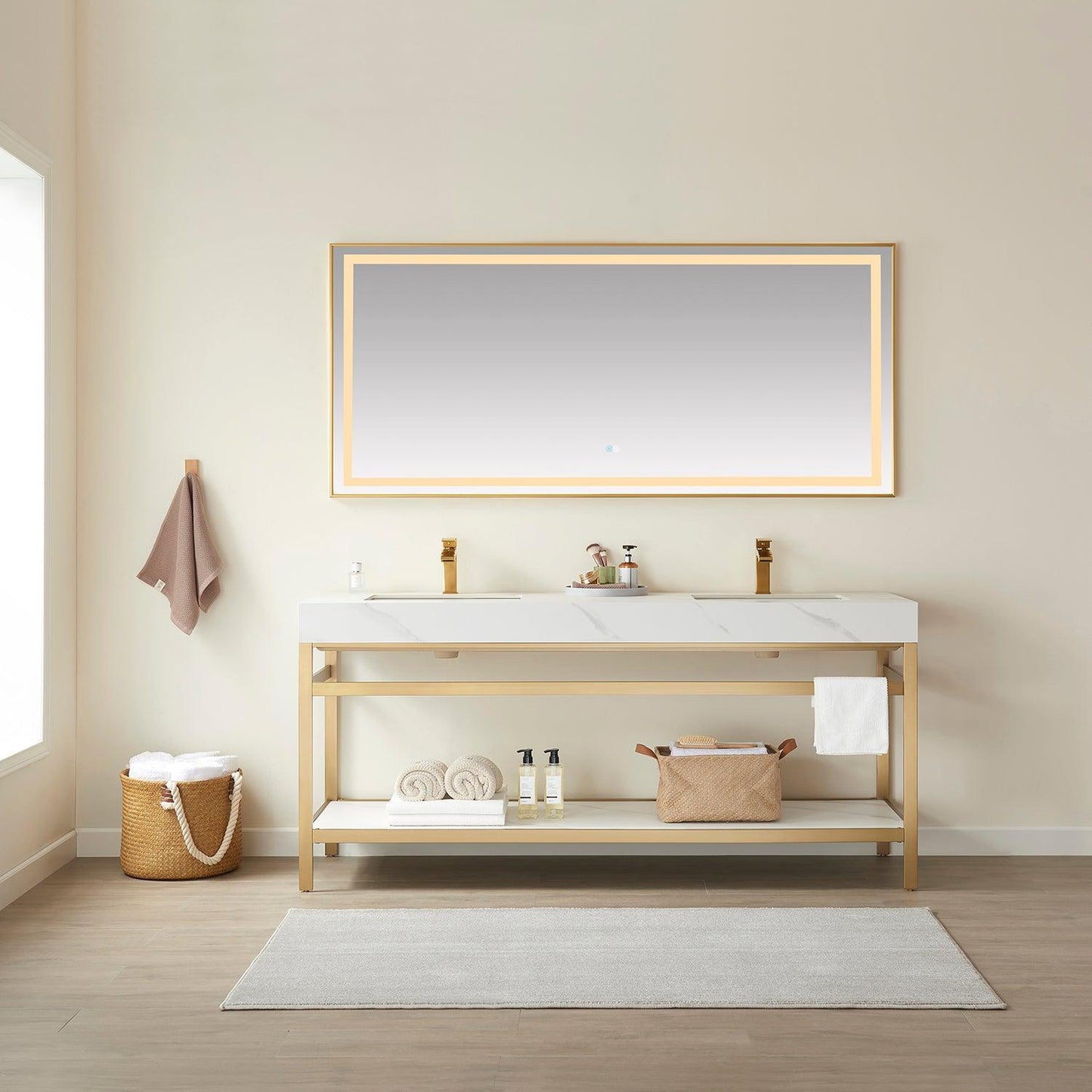Vinnova Funes 72" Double Sink Bath Vanity In Brushed Gold Metal Support With White Sintered Stone Top And Mirror