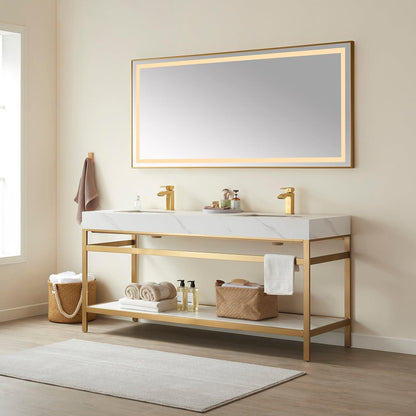 Vinnova Funes 72" Double Sink Bath Vanity In Brushed Gold Metal Support With White Sintered Stone Top And Mirror