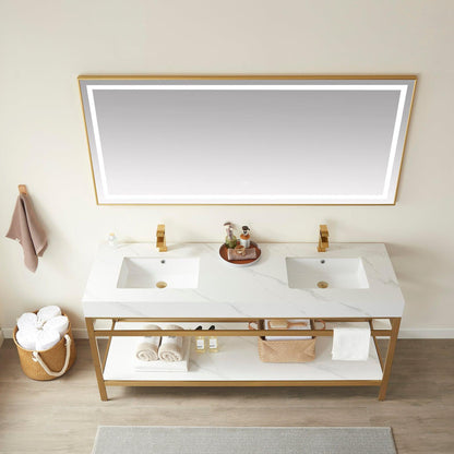 Vinnova Funes 72" Double Sink Bath Vanity In Brushed Gold Metal Support With White Sintered Stone Top And Mirror