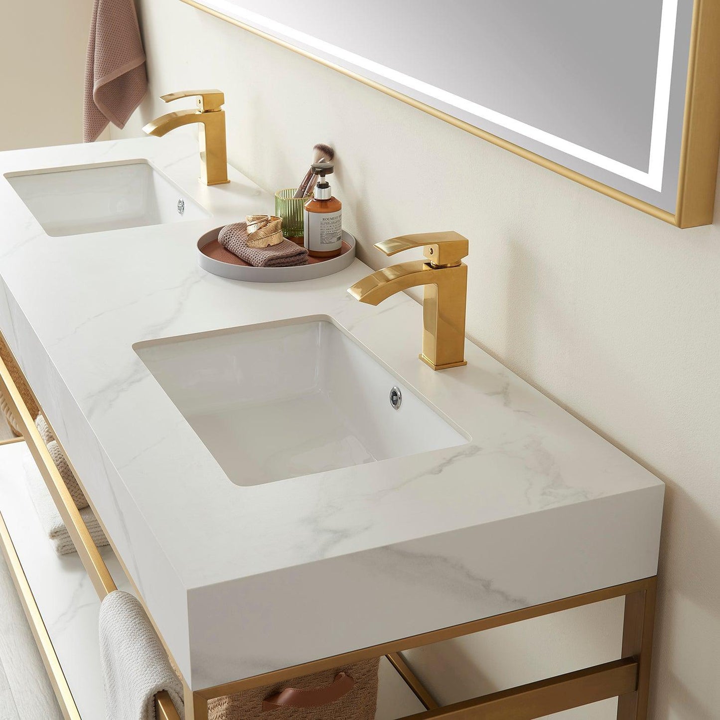 Vinnova Funes 72" Double Sink Bath Vanity In Brushed Gold Metal Support With White Sintered Stone Top And Mirror