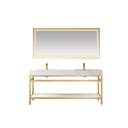 Vinnova Funes 72" Double Sink Bath Vanity In Brushed Gold Metal Support With White Sintered Stone Top And Mirror