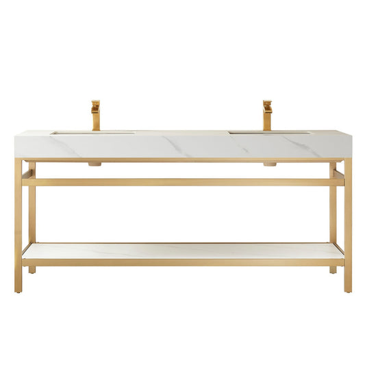 Vinnova Funes 72" Double Sink Bath Vanity In Brushed Gold Metal Support With White Sintered Stone Top