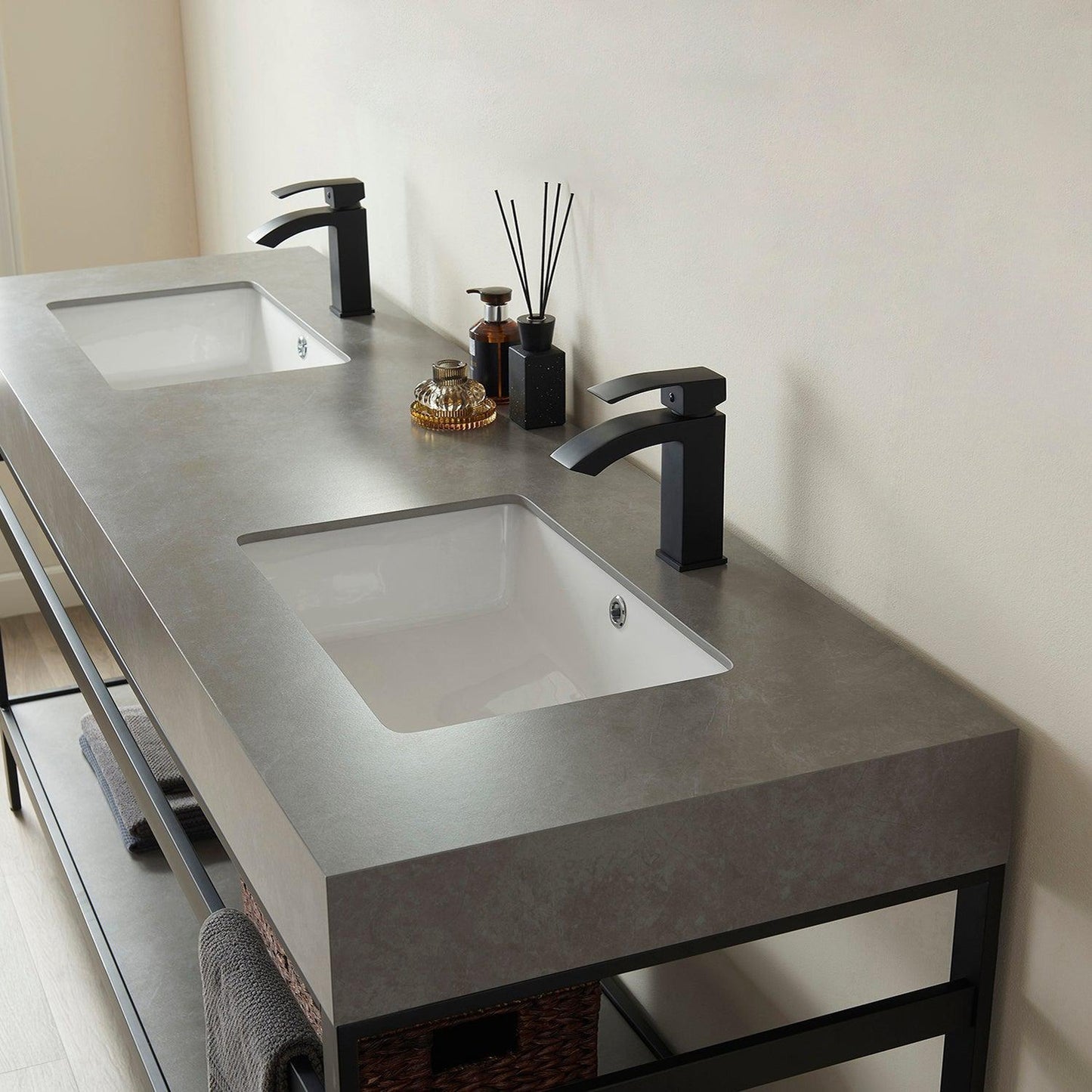 Vinnova Funes 72" Double Sink Bath Vanity In Matt Black Metal Support With Grey Sintered Stone Top