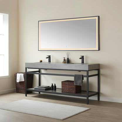 Vinnova Funes 72" Double Sink Bath Vanity In Matt Black Metal Support With Grey Sintered Stone Top And Mirror