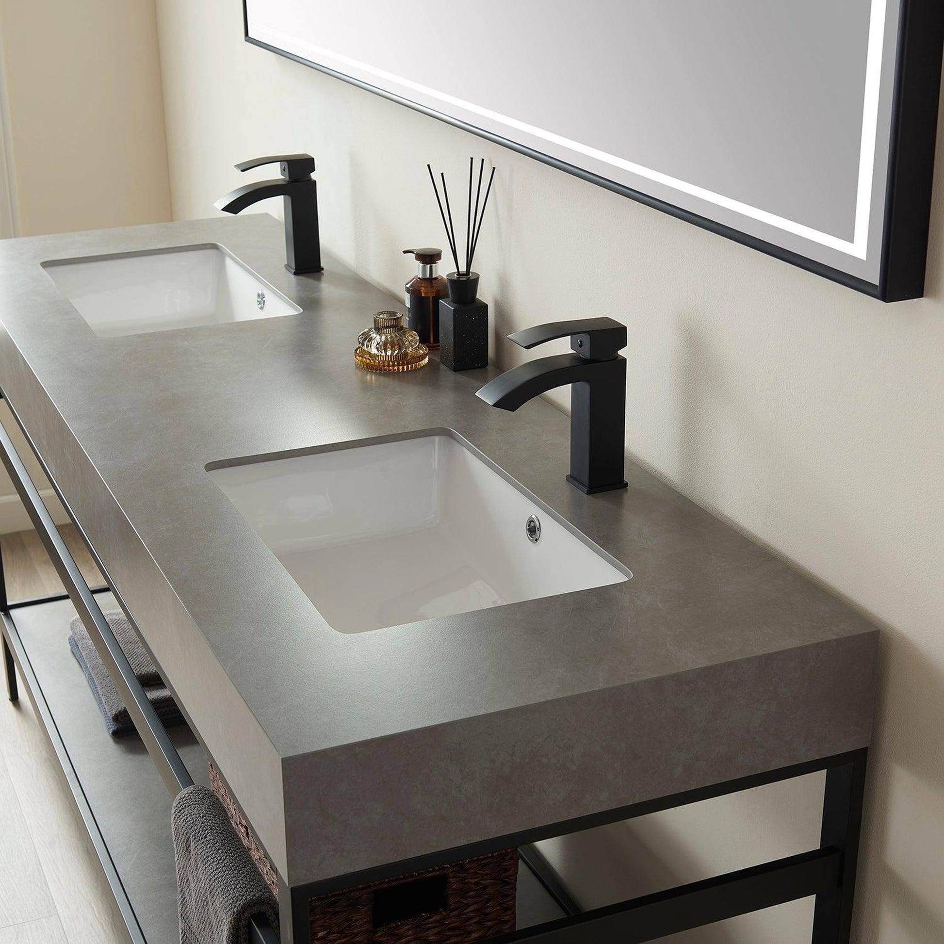 Vinnova Funes 72" Double Sink Bath Vanity In Matt Black Metal Support With Grey Sintered Stone Top And Mirror