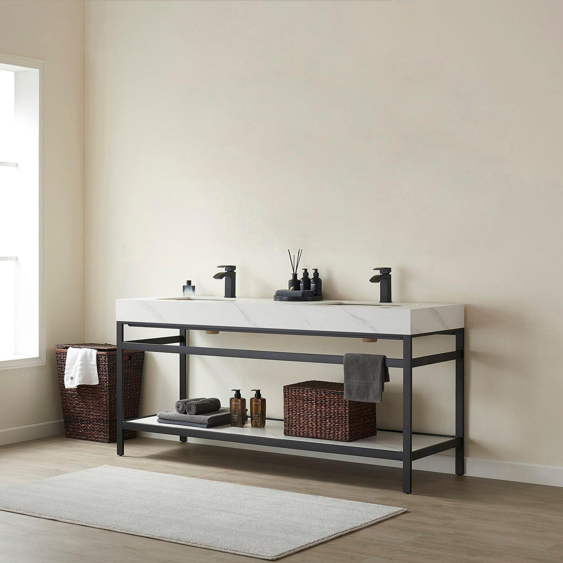 Vinnova Funes 72" Double Sink Bath Vanity In Matt Black Metal Support With White Sintered Stone Top