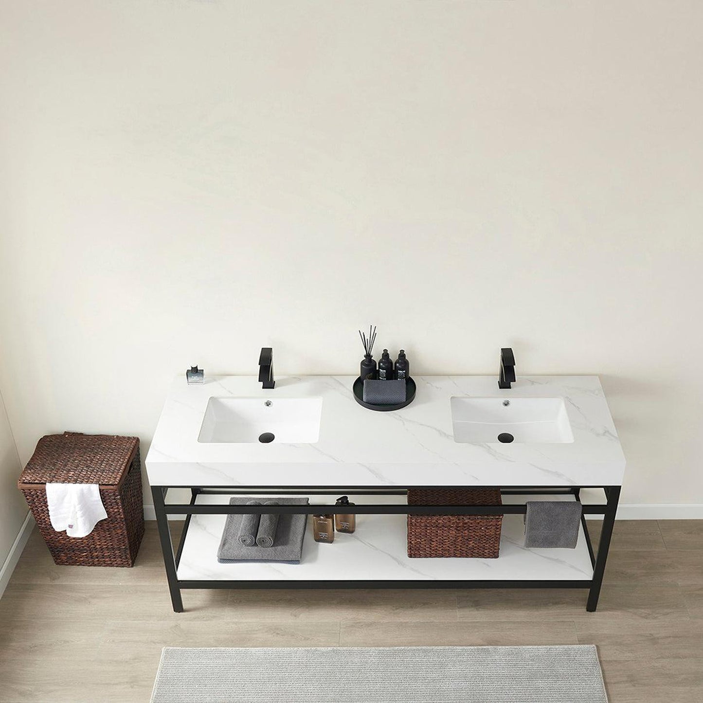 Vinnova Funes 72" Double Sink Bath Vanity In Matt Black Metal Support With White Sintered Stone Top