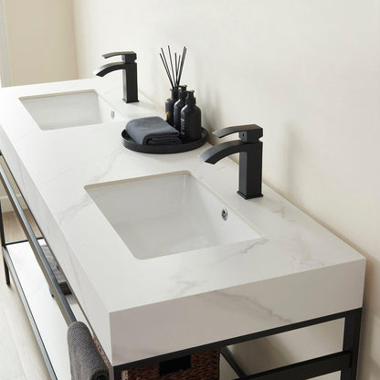 Vinnova Funes 72" Double Sink Bath Vanity In Matt Black Metal Support With White Sintered Stone Top