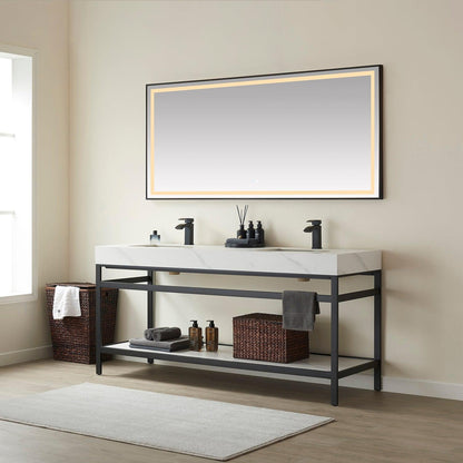 Vinnova Funes 72" Double Sink Bath Vanity In Matt Black Metal Support With White Sintered Stone Top And Mirror