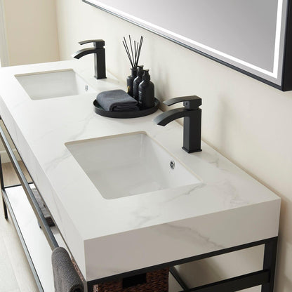 Vinnova Funes 72" Double Sink Bath Vanity In Matt Black Metal Support With White Sintered Stone Top And Mirror