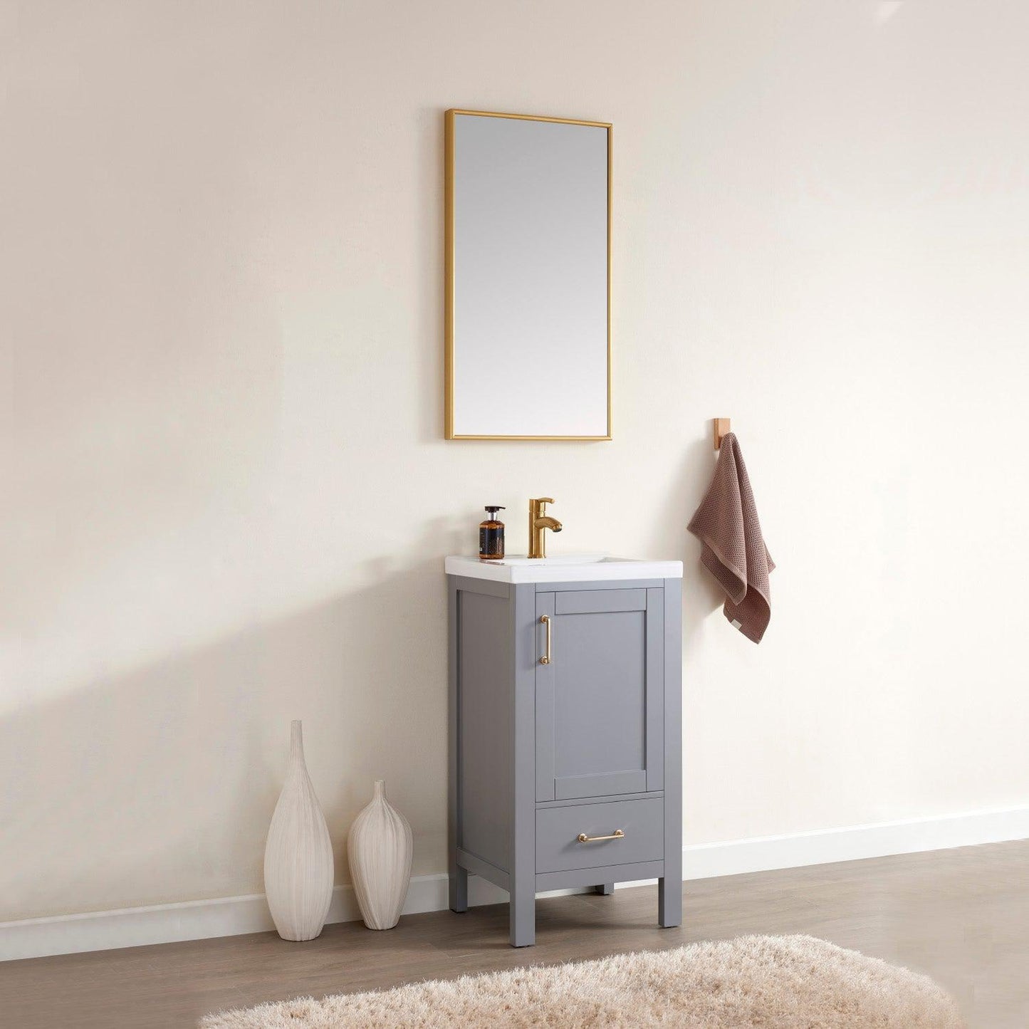 Vinnova Gela 18" Single Sink Bath Vanity In Grey With White Drop-In Ceramic Basin And Mirror