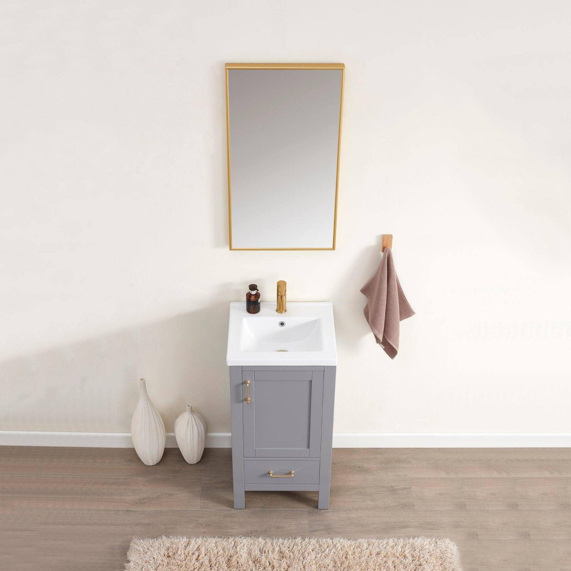 Vinnova Gela 18" Single Sink Bath Vanity In Grey With White Drop-In Ceramic Basin And Mirror